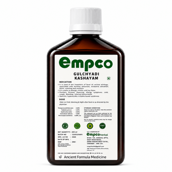 Empco Herbal Gulchyadi Kashayam ingredients and dosage label