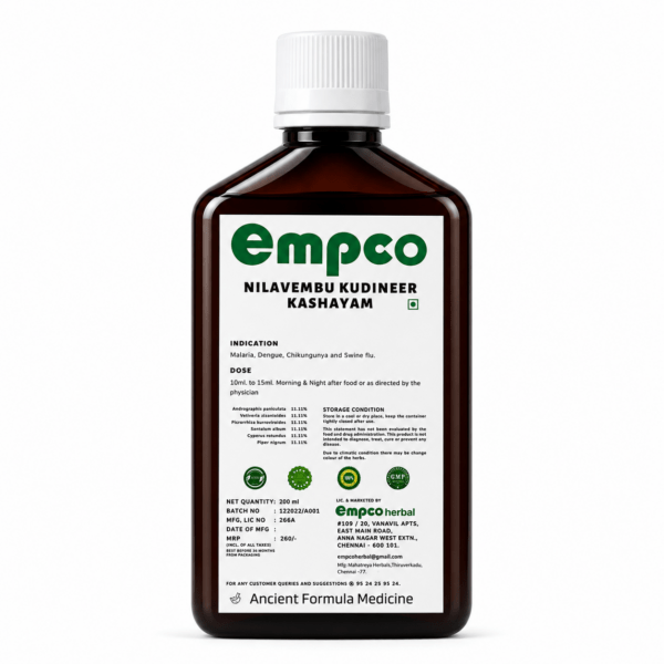 Empco Herbal Nilavembu Kudineer Kashayam ingredients and dosage label