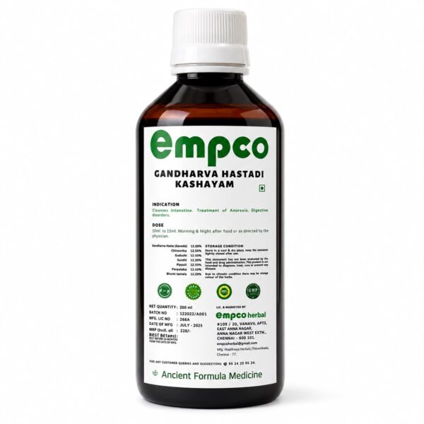Empco Herbal Gandharva Hastadi Kashayam ingredients and dosage label