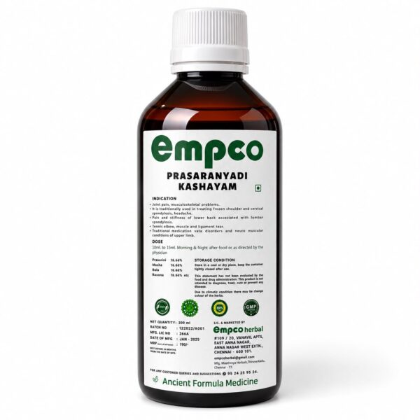 Empco Herbal Prasaranyadi Kashayam ingredients and dosage label