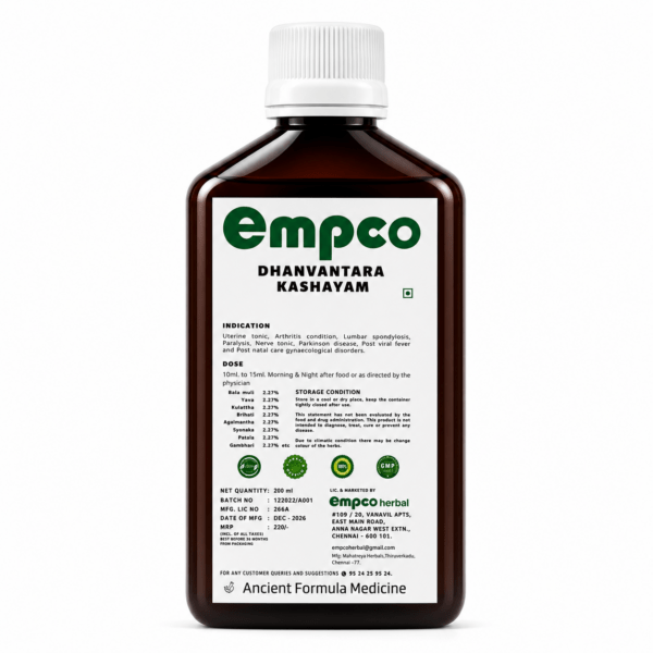 Empco Herbal Dhanvantara Kashayam ingredients and dosage label