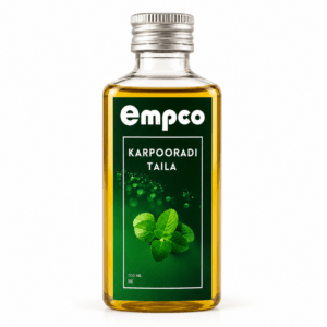 Empco Karpooradi Taila Ayurvedic oil bottle, 100ml, for rheumatoid arthritis and joint pain