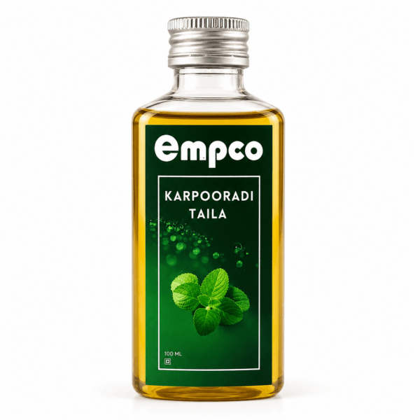 Empco Karpooradi Taila Ayurvedic oil bottle, 100ml, for rheumatoid arthritis and joint pain