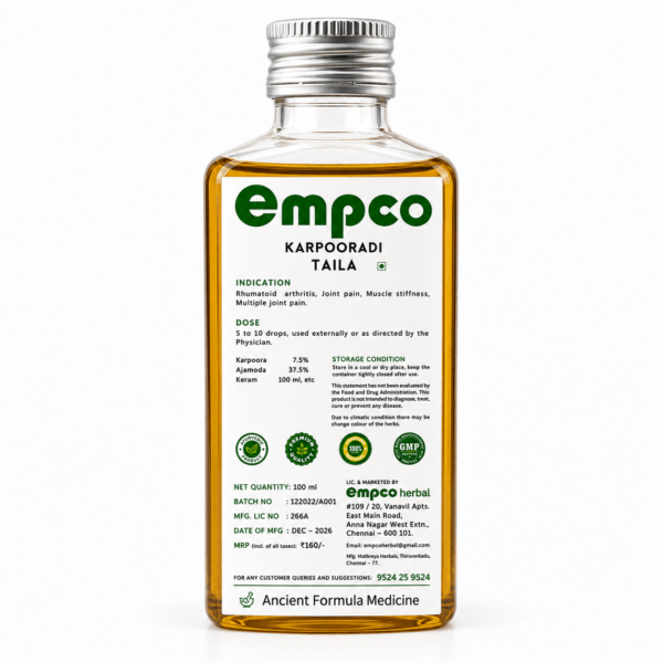 Empco Karpooradi Taila back label showing ingredients, dosage, and usage for rheumatoid arthritis and joint pain