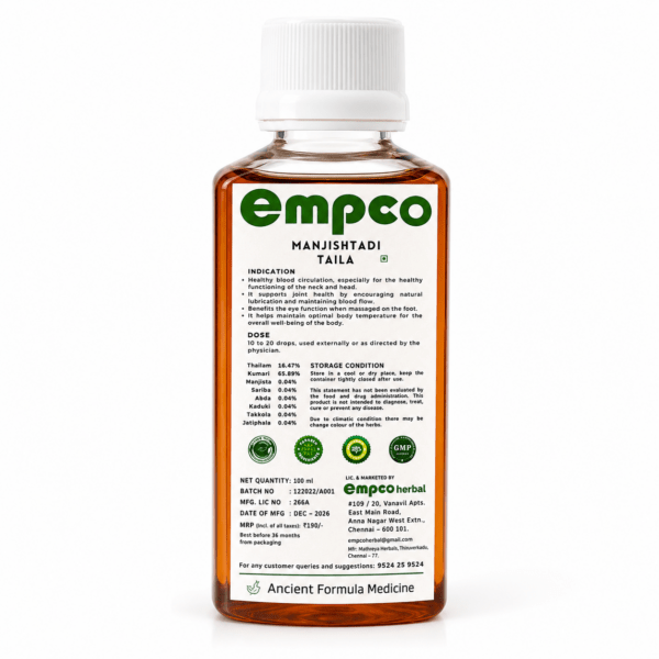 Empco Manjishtadi Taila back label showing ingredients, dosage, and usage indications