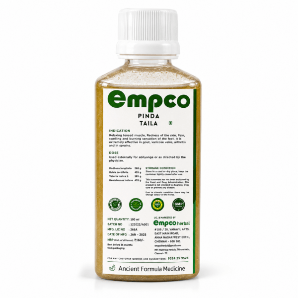 Empco Pinda Taila back label showing ingredients, dosage, and usage indications