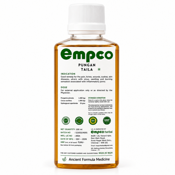 Empco Pungan Taila back label showing ingredients, dosage, and usage for skin diseases and inflammatory joints