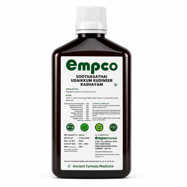 Empco Herbal Soothagathai Udaikkum Kudineer Kashayam ingredients and dosage label